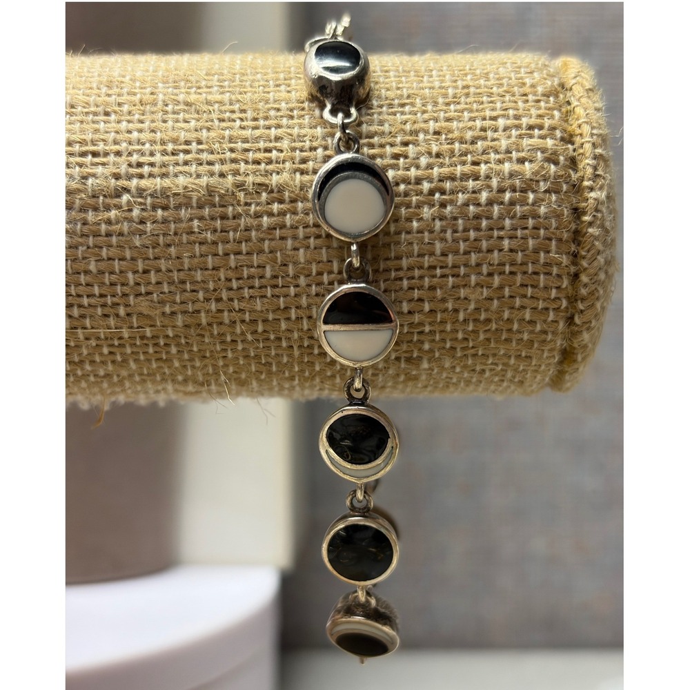 Vintage Mexico 925 Sterling Silver Moon Phase Onyx Mother of Pearl Link Bracelet